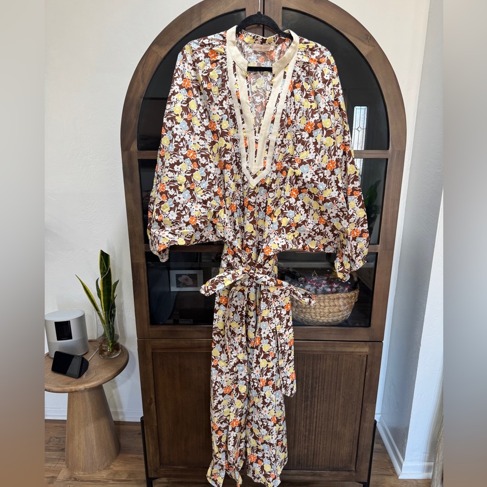 Tory Burch Floral Long Sleeve Maxi Dress in Brown and Cream - Picture 3 of 6